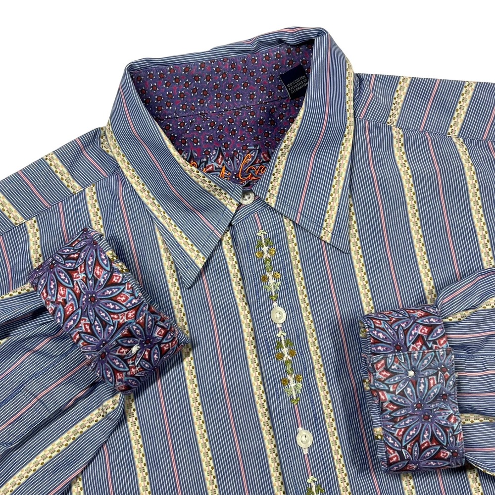 Robert Graham Button Front Shirt Mens Large Blue Striped Floral Embroidered L - Picture 1 of 12